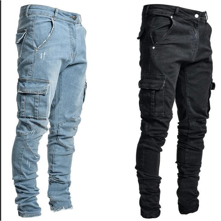 Men's Casual Flap Pocket Skinny Jeans, Chic Street Style Medium Stretch Denim Pants Menswear Underwear Trouser Streetwear