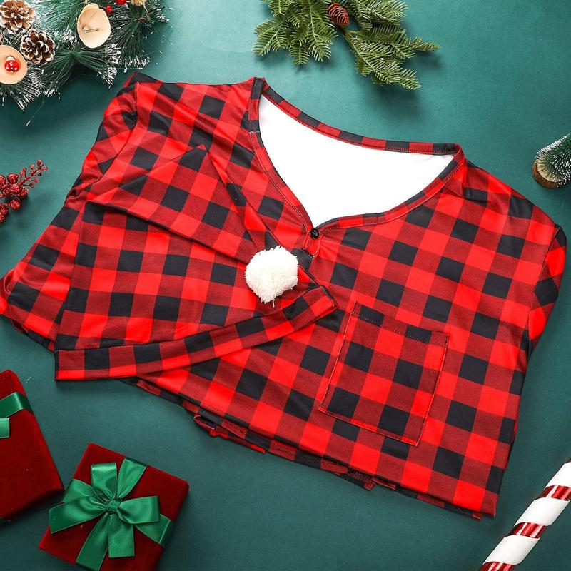 Christmas Plaid Men's Sleep Shirt Sleeping Hat Set Long Sleeve Pajama Cap with Pom Balls for Men