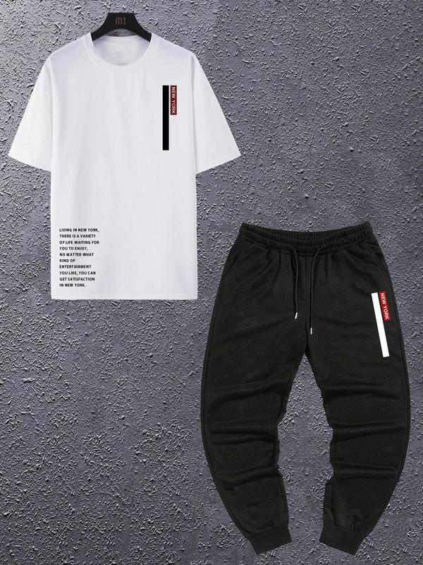 2 Pieces Men's Letter Print Tee & Drawstring Waist Sweatpants Set, Crew Neck Short Sleeve T-shirt & Pocket Jogger Pants, Outfit Sets for Men, Casual Fashion Cozy Breathable Men Two-piece Outfits for Summer