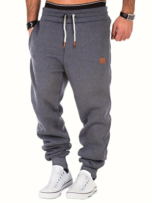 Men's Regular Fit Solid Patched Drawstring Waist Sweatpants, Casual Pocket Jogger Pants for Fall & Winter, Men's Trousers for Daily Wear