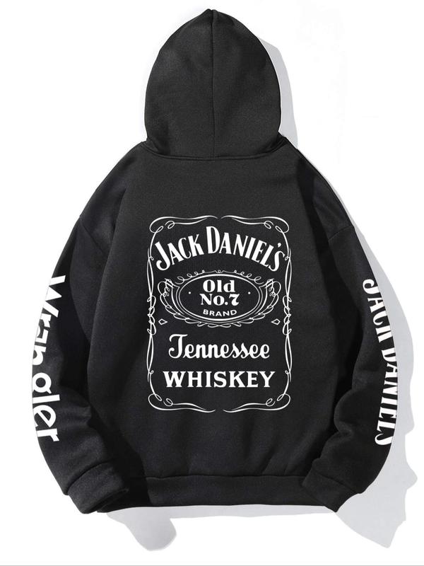 Men's Regular Fit Jack Daniel's Whisky & Letter Print Drawstring Hoodie, Casual Pocket Thermal Lined Long Sleeve Hooded Sweatshirt, Men Clothes for Fall & Winter Daily Wear