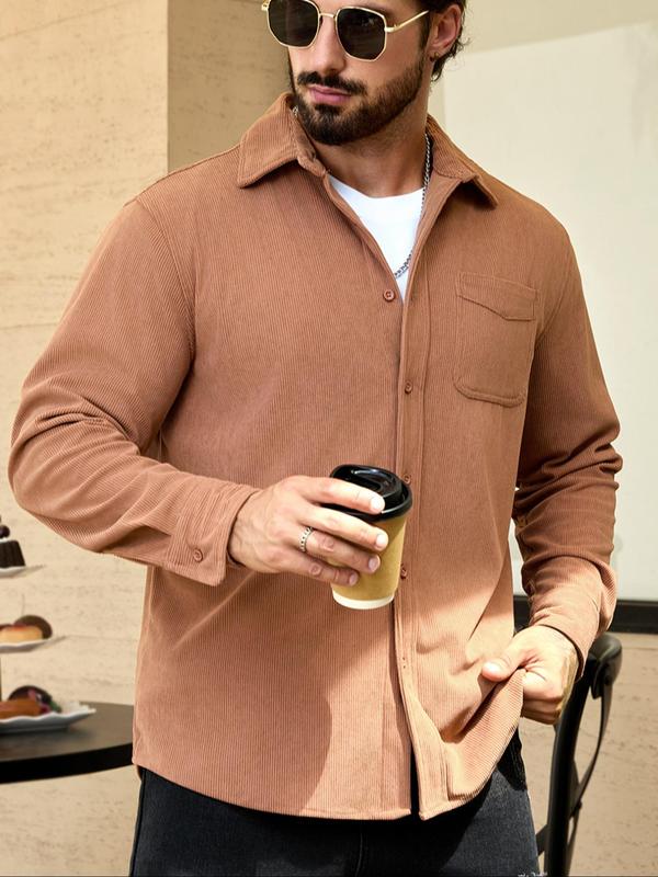 Men's Solid Button Front Pocket Shirt, Loose Casual Long Sleeve Collared Top for Fall & Winter, Men's Clothes for Daily Wear