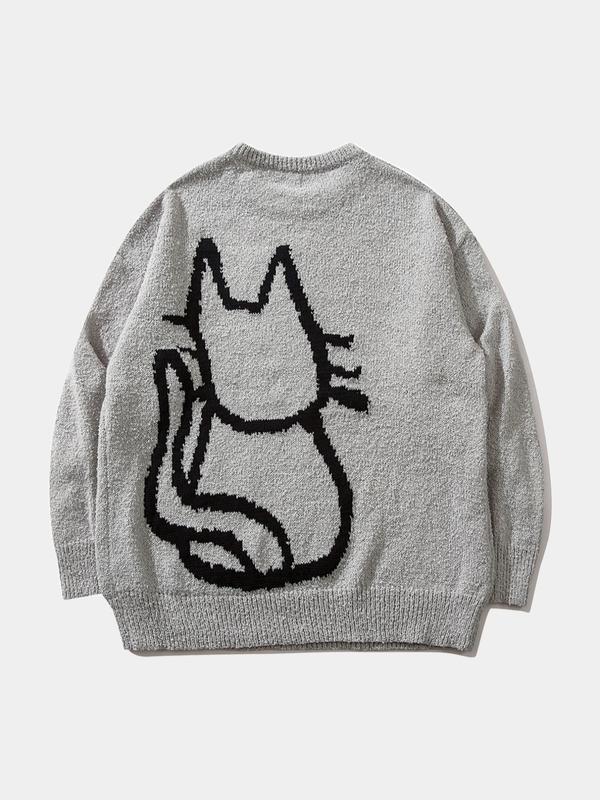 Unisex Men's Cartoon Cat Print Crewneck Sweater, Spring Outfits 2024, Loose Casual Streetwear Longsleeves Jumper for Fall Winter Menswear, Streetwear Y2k Tops, Graphic Sweater for Women