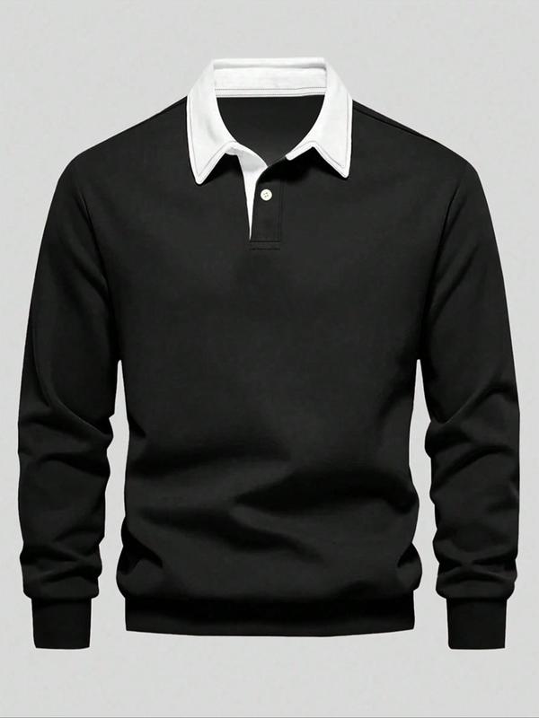 Men's Regular Fit Polo Collar Sweatshirt, Casual Long Sleeve Button Top for Fall & Winter, Men's Clothes for Daily Wear