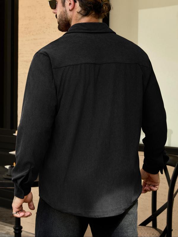 Men's Solid Button Front Pocket Shirt, Loose Casual Long Sleeve Collared Top for Fall & Winter, Men's Clothes for Daily Wear