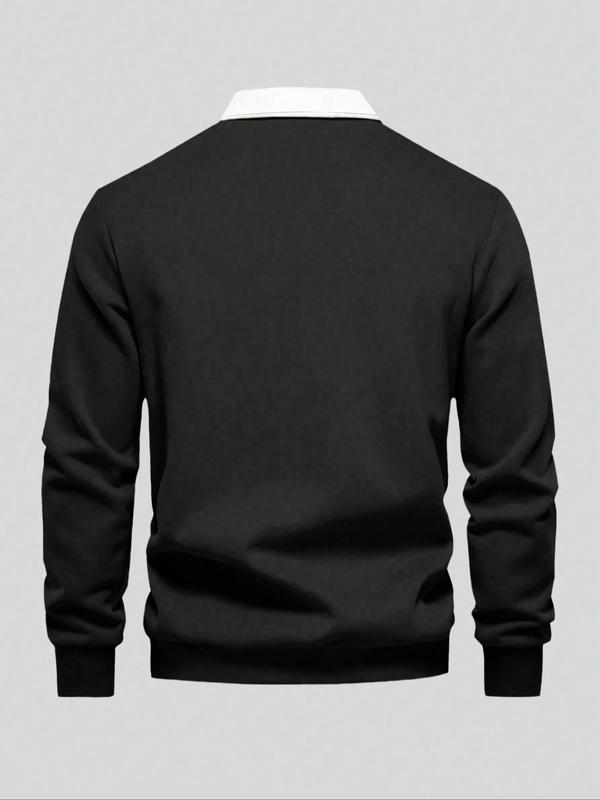 Men's Regular Fit Polo Collar Sweatshirt, Casual Long Sleeve Button Top for Fall & Winter, Men's Clothes for Daily Wear