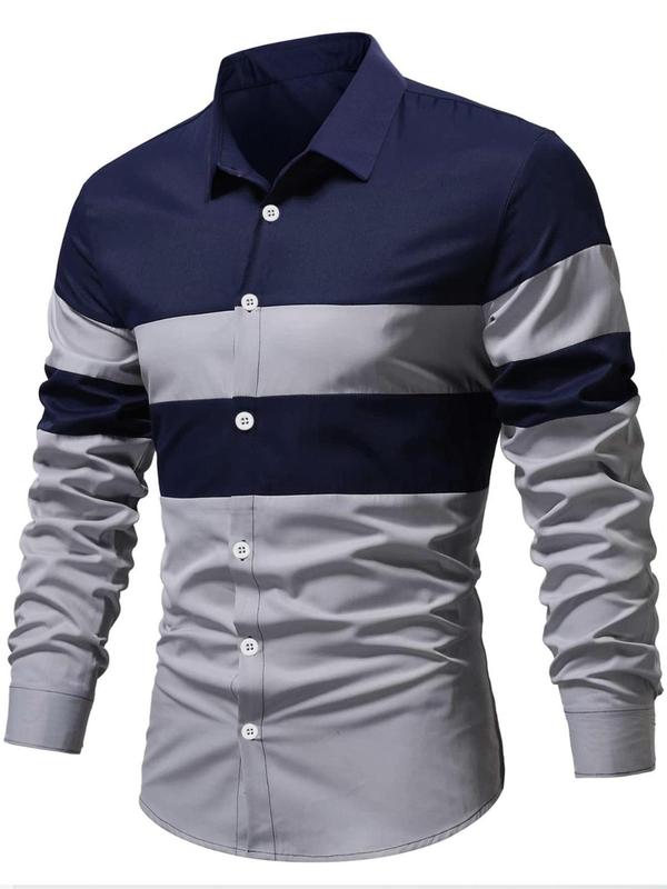 Men's Colorblock Collared Button Front Shirt, Regular Fit Long Sleeve Button Up Shirt for All Seasons,  Shirts for Men,  Men's Streetwear Top for Work Office Daily Wear