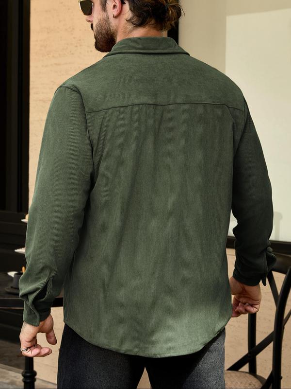 Men's Solid Button Front Pocket Shirt, Loose Casual Long Sleeve Collared Top for Fall & Winter, Men's Clothes for Daily Wear