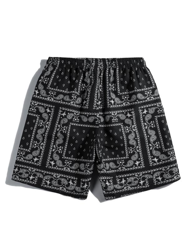 Men's Ethnic Pattern Pocket Drawstring Waist Shorts, Regular Fit Summer Clothes, Stylish Paisley Print Elastic Waist Swim Trunks, Going Out Outfit, Back To School Outfits, Beach Shorts for Casual, Drippy Outfits, 80s Fashion