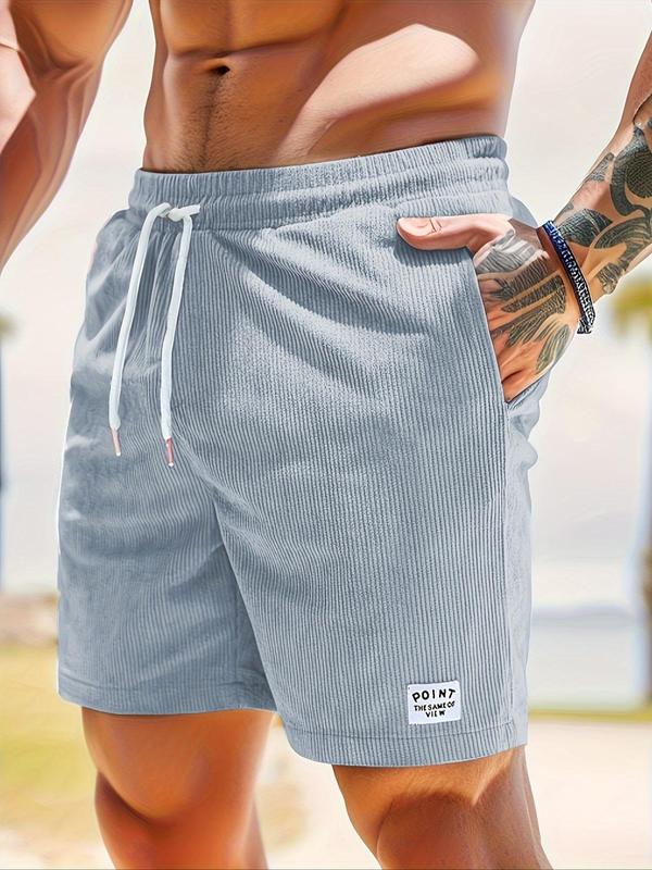 Men's Letter Patched Drawstring Waist Corduroy Shorts, Casual Pocket Design Shorts for Summer, Fashion Men's Bottoms for Daily Wear