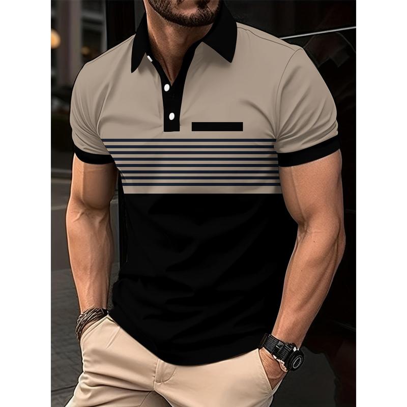 Men's shirtMen's Casual Striped Short Sleeve Lapel Shirt, Chic Sports Top For Summer Outdoor Activities