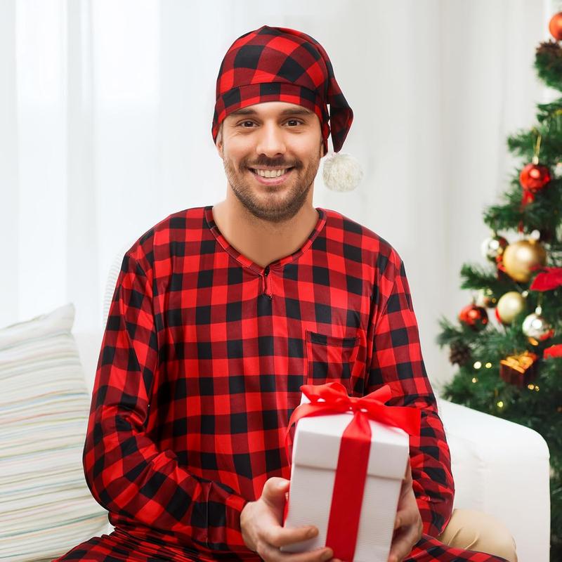 Christmas Plaid Men's Sleep Shirt Sleeping Hat Set Long Sleeve Pajama Cap with Pom Balls for Men