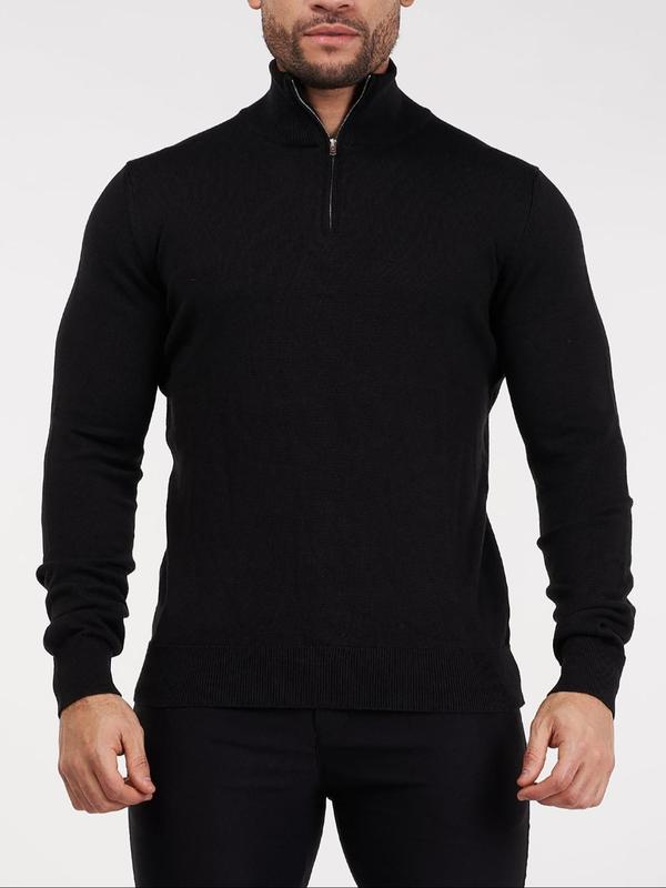 Men's Solid Half Zip Up High Neck Sweater, Regular Fit Casual Long Sleeve Jumper for Daily Outdoor Wear, Fashion Men's Knitwear for All Seasons