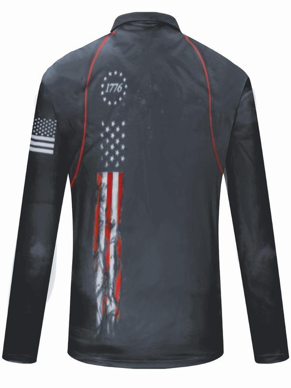 Men's American Flag Print Zipper Raglan Sleeve Polo Shirt, Regular Fit Casual Long Sleeve Polo Collared Top for Daily Outdoor Wear, Fashion Men's Clothes for All Seasons