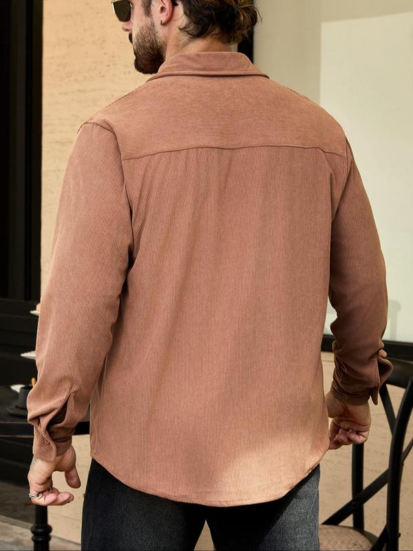Men's Solid Button Front Pocket Shirt, Loose Casual Long Sleeve Collared Top for Fall & Winter, Men's Clothes for Daily Wear