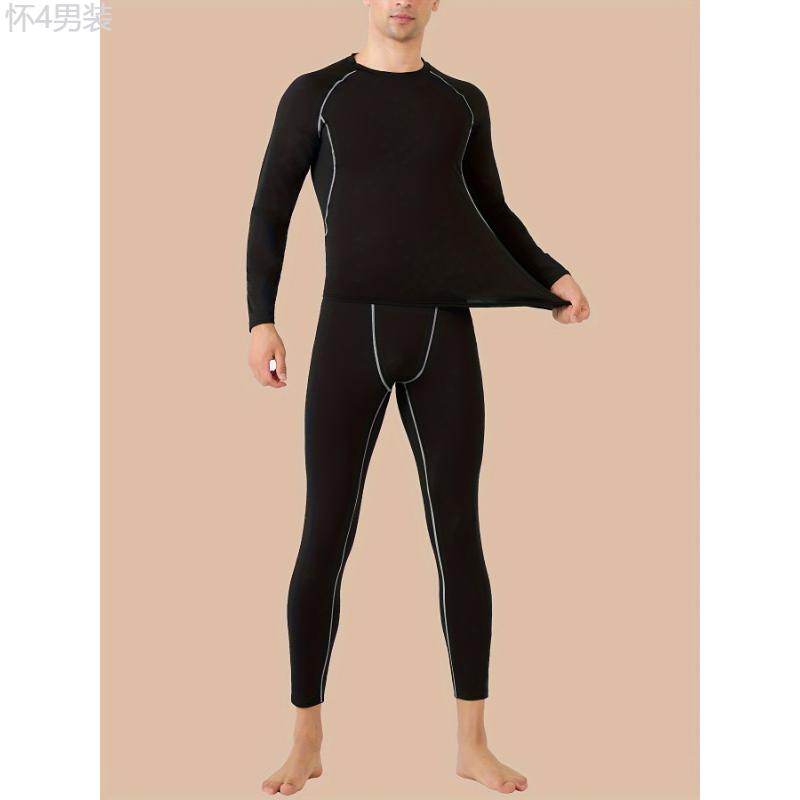 10-Piece Men's Stylish Thermal Underwear Set - Long Sleeve Shirt & Leggings - Fleece Lined Base Layer For Cold Weather, Outdoor, Hiking, Skiing, Sports & Fitness Fabric Menswear Spandex Socks Stretch Crewneck Round Neck