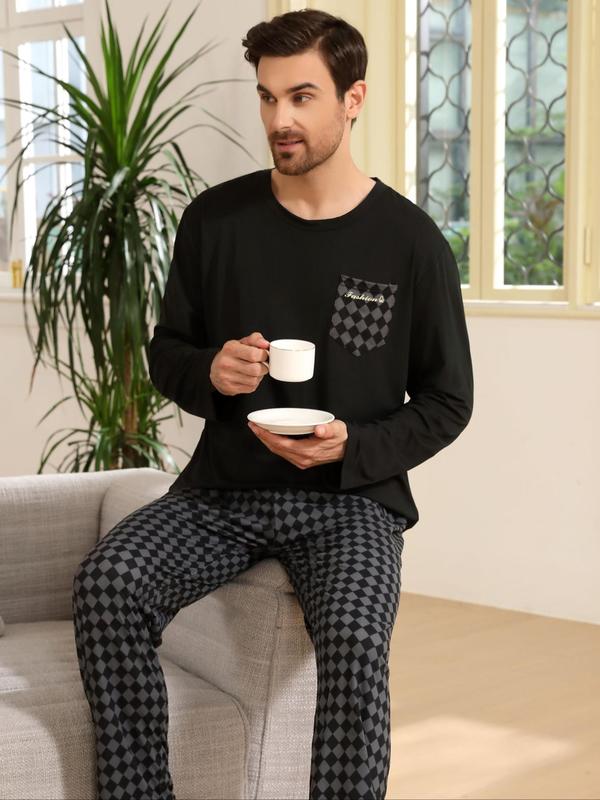 Two-Piece Set Men's Plaid Print Tee & Pants Pyjama, Casual Comfy Round Neck Long Sleeve Top & Trousers PJ Set, Men's Sleepwear for Spring & Fall