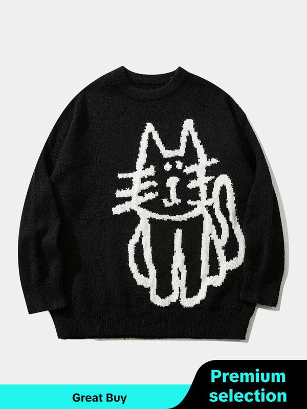 Unisex Men's Cartoon Cat Print Crewneck Sweater, Spring Outfits 2024, Loose Casual Streetwear Longsleeves Jumper for Fall Winter Menswear, Streetwear Y2k Tops, Graphic Sweater for Women