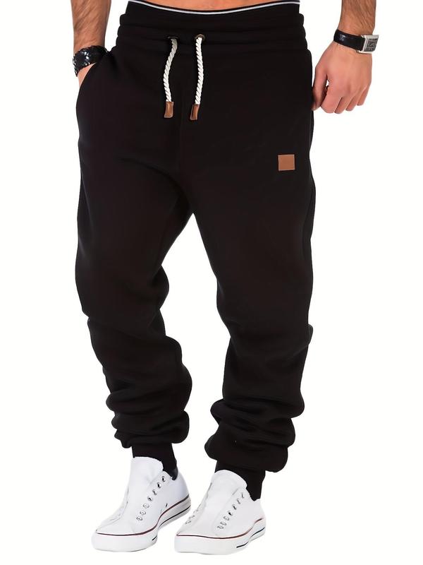 Men's Regular Fit Solid Patched Drawstring Waist Sweatpants, Casual Pocket Jogger Pants for Fall & Winter, Men's Trousers for Daily Wear