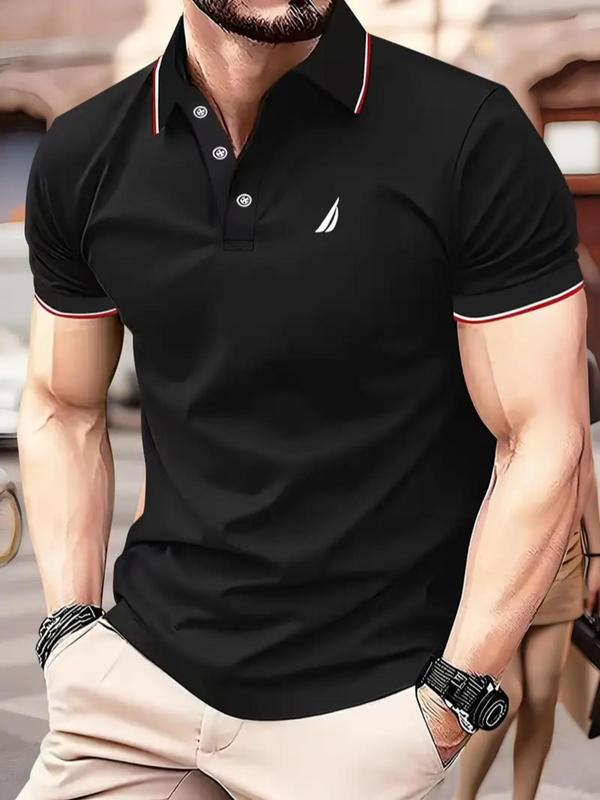 Men's Geometric Print Striped Trim Half Button Polo Shirt, Regular Fit Casual Short Sleeve Collared Top for Summer, Streetwear, Fashion Men's Clothing for Outdoor, Summer Outfits 2024, Men's Summer Tops