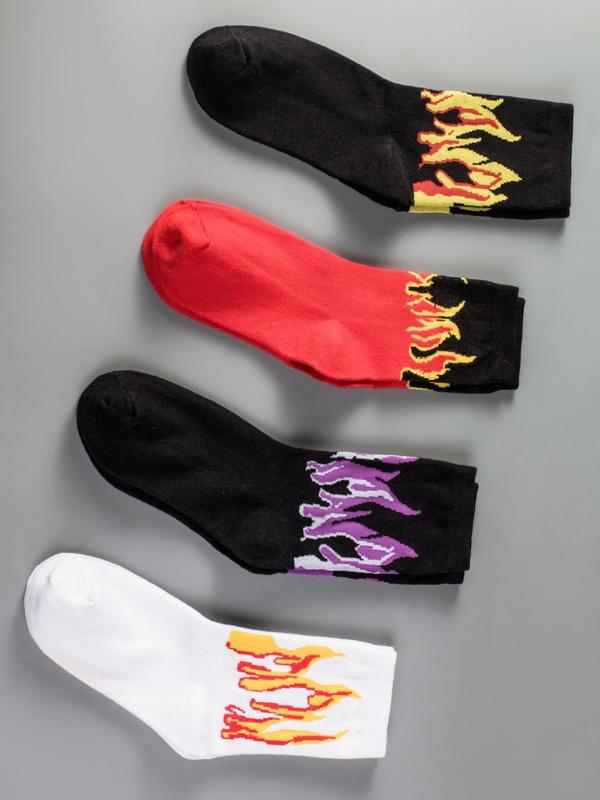 Men's 4 Pairs Flame Print Crew Socks, Men's Stocking Stuffers, Fashion Casual Street Comfy Socks for Daily Outdoor Wear, Men Socks for All Seasons, Menswear Underwear