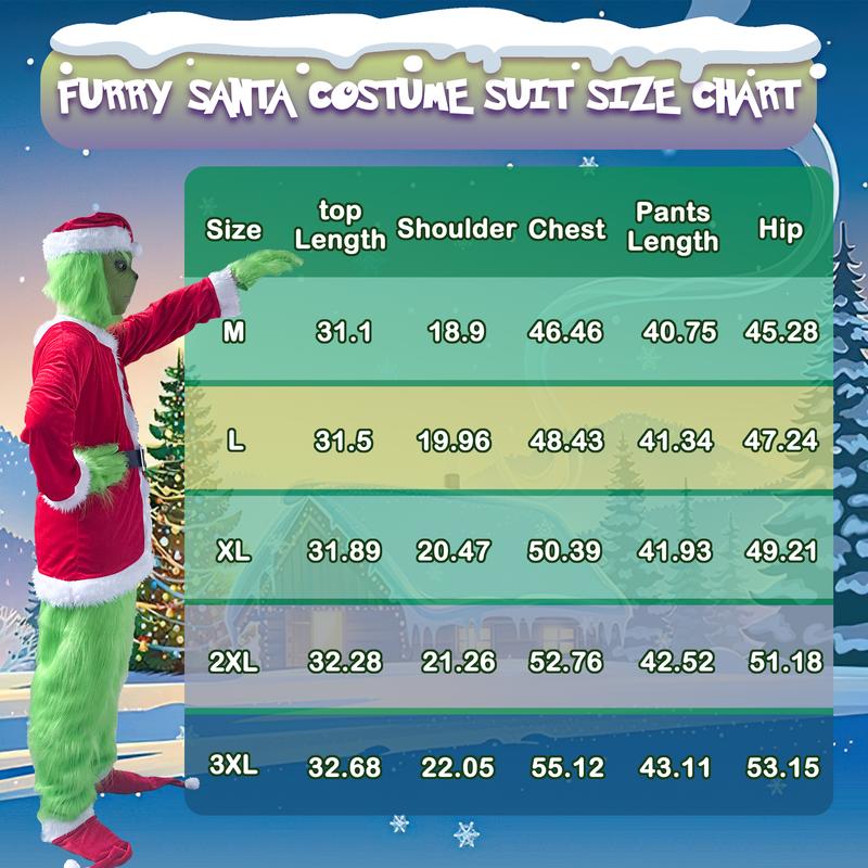 Christmas Green Big Monster Costume for Adult, 7Pcs Deluxe Green Santa Cosplay Furry Suit with Mask forMen Women