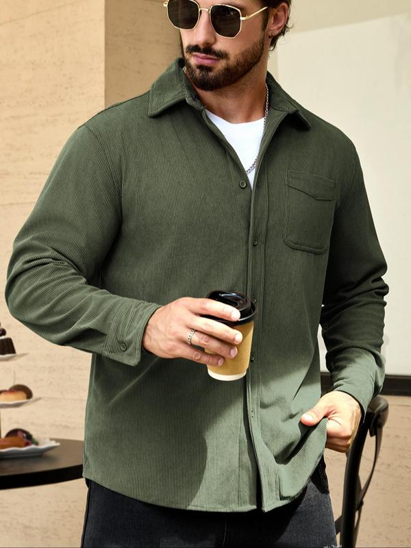 Men's Solid Button Front Pocket Shirt, Loose Casual Long Sleeve Collared Top for Fall & Winter, Men's Clothes for Daily Wear