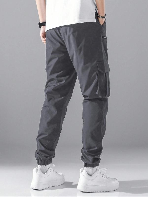 Men's Loose Solid Pocket Drawstring Waist Cargo Pants, Street Fashion Zipper Jogger Pants for Daily Wear, Casual Men's Trousers for All Seasons, Pants for Men, Going Out Summer Bottoms, Teacher Outfits 2024, 2000s Pants