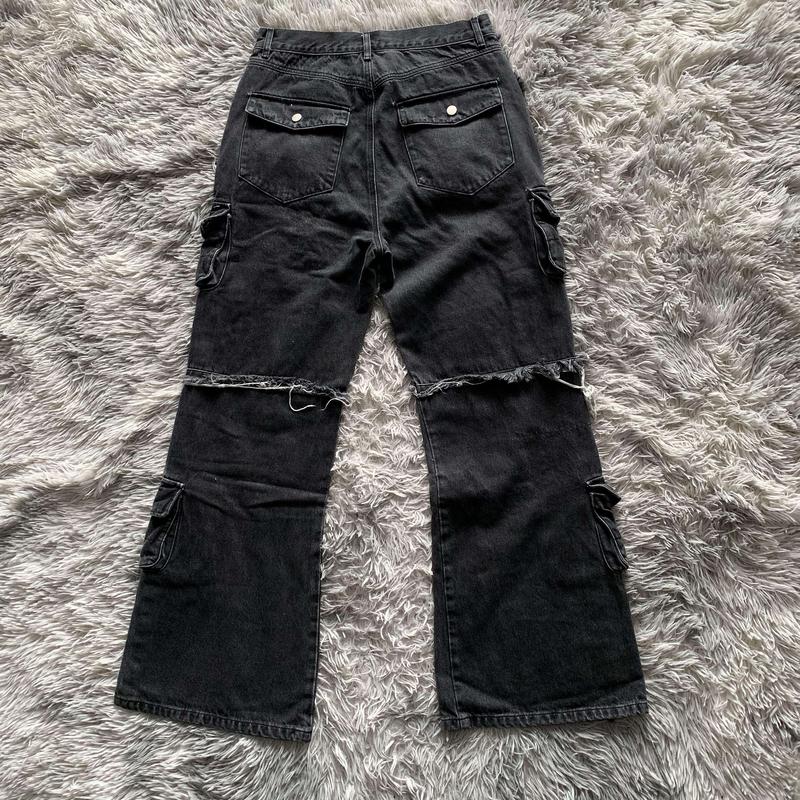 Gothic Harajuku Y2K Multi-Pocket Washed Black Jeans, Men Fall Loose Drag Pants, Street Hip Hop Rap 90s Spice Girls Wide Leg Pants, Harajuku Jeans, 2000s Jeans