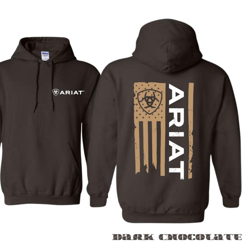 Ariat Hoodie - American flag style hoodie with prominent Ariat logo, perfect for those who appreciate a bold and rugged look, ideal for all outdoor activities. Unisex.