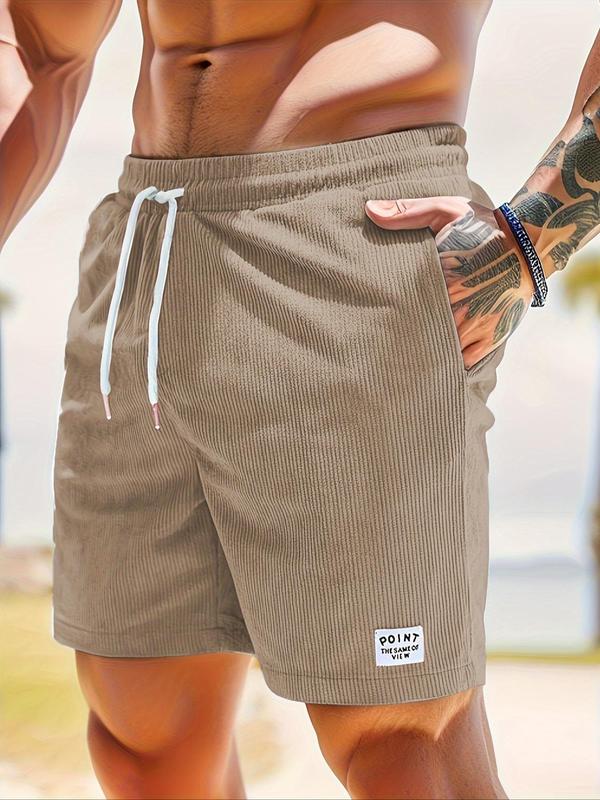 Men's Letter Patched Drawstring Waist Corduroy Shorts, Casual Pocket Design Shorts for Summer, Fashion Men's Bottoms for Daily Wear