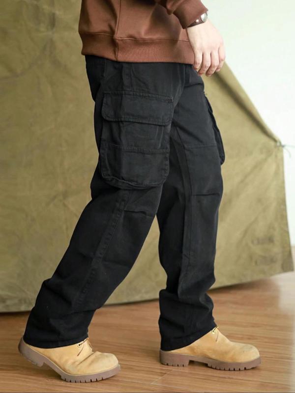 Men's Solid Color Flap Pocket Drawstring Waist Cargo Pants, Street Fashion Casual Loose Elastic Waist Trousers for Daily Wear, Men's Bottoms for All Seasons