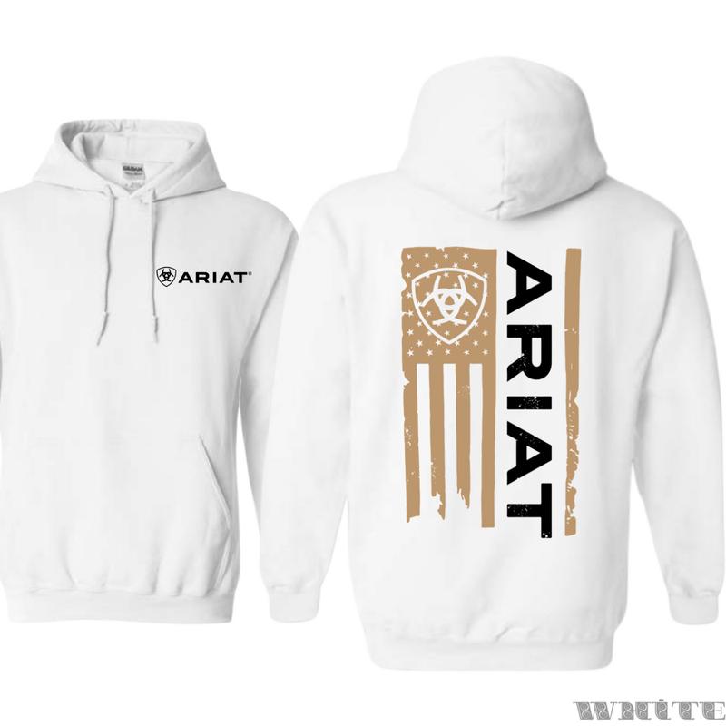 Ariat Hoodie - American flag style hoodie with prominent Ariat logo, perfect for those who appreciate a bold and rugged look, ideal for all outdoor activities. Unisex.