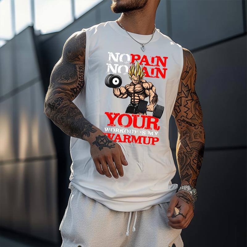 No Pain No Gain Your Workout is My Warmup Tank top, Men's Casual Dragon Ball Anime Printed Fitness Tank Top, Anime Printed Tank top, Anime Manga Tank top, DB Gift For Fans, Anime Fans Gift, Gift For Him