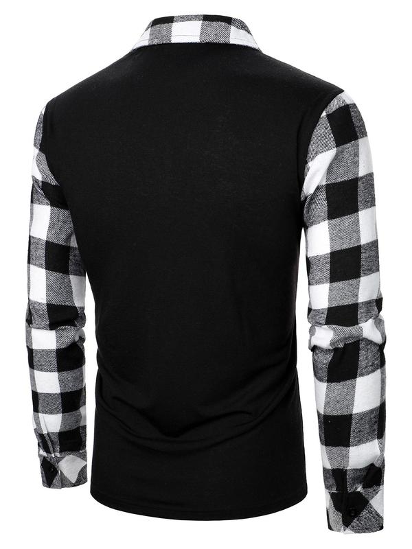 Men's Patchwork Plaid Print Half Zip Up Polo Shirt, Regular Fit Casual Long Sleeve  Top for Fall & Winter, Men's Clothes for Daily Wear