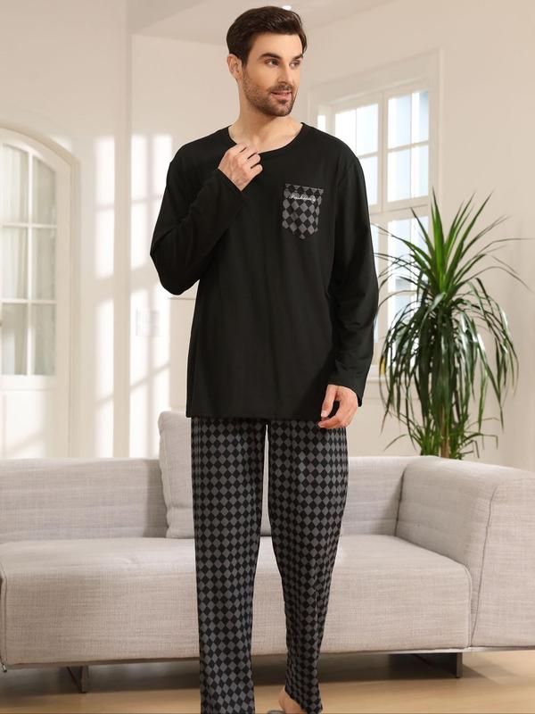 Two-Piece Set Men's Plaid Print Tee & Pants Pyjama, Casual Comfy Round Neck Long Sleeve Top & Trousers PJ Set, Men's Sleepwear for Spring & Fall