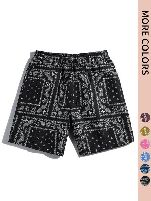 Men's Ethnic Pattern Pocket Drawstring Waist Shorts, Regular Fit Summer Clothes, Stylish Paisley Print Elastic Waist Swim Trunks, Going Out Outfit, Back To School Outfits, Beach Shorts for Casual, Drippy Outfits, 80s Fashion