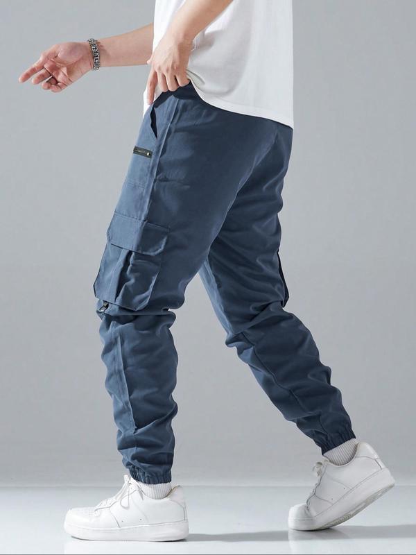 Men's Loose Solid Pocket Drawstring Waist Cargo Pants, Street Fashion Zipper Jogger Pants for Daily Wear, Casual Men's Trousers for All Seasons, Pants for Men, Going Out Summer Bottoms, Teacher Outfits 2024, 2000s Pants