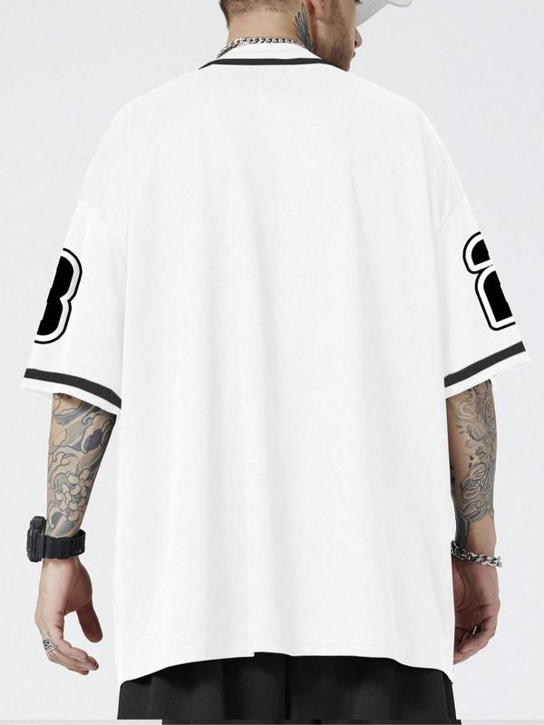 Men's Letter & Number Print Button Front V Neck Baseball Jersey, Casual Drop Shoulder Short Sleeve Top for Daily Wear, Men's Clothes for All Seasons