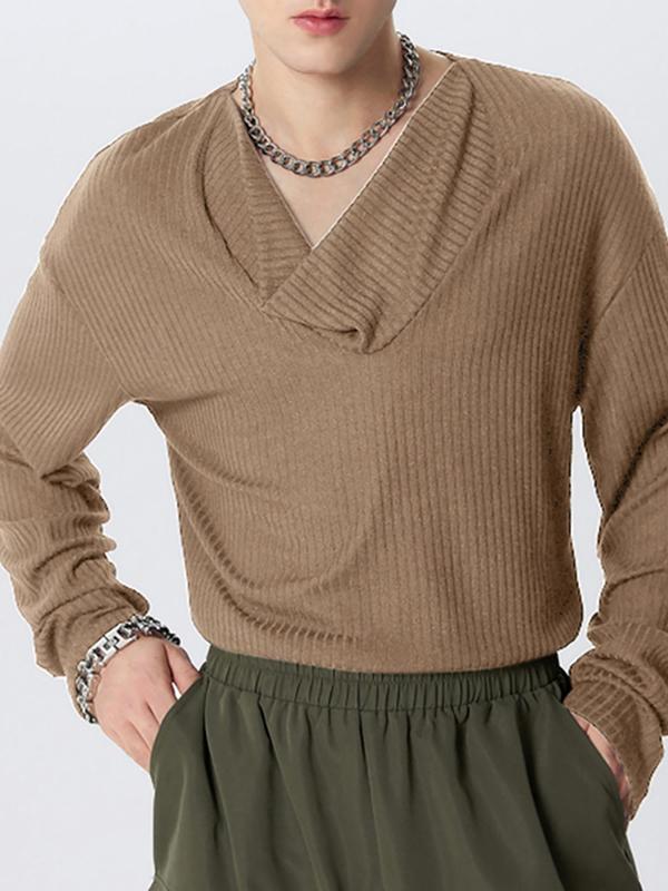 Men's Solid Cowl Neck Ribbed Sweater Pullover, Loose Casual Fashion Long Sleeve Jumper for Spring & Fall, Men's Knitwear for Daily Wear