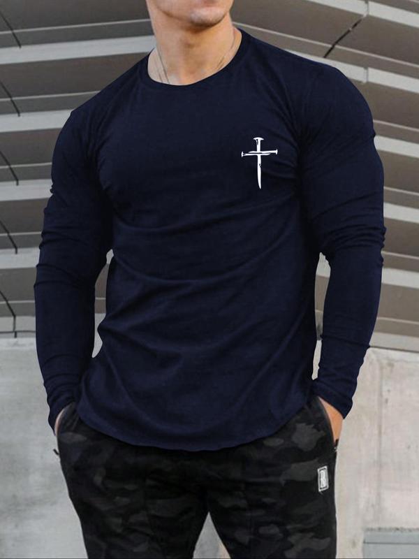 Emo Outfits Men's Regular Fit Cross Print Round Neck Long Sleeve Tee, Y2k Men's Clothing Outfits, Streetwear, Longsleeves Crew Neck T-shirt for Fall, Casual Men's Crewneck Tshirt for Daily Wear, Menswear, Graphic Tees, Going Out Tops