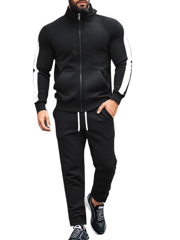 Men's Solid Zip Up Top & Drawstring Waist Pants Set, Regular Fit Casual Raglan Sleeve Top & Side Stripe Pocket Trousers, Men's Two-piece Outfits for All Seasons