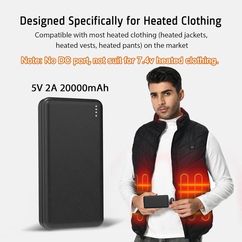 5V 2A 20000mah Heated Vest Heated Jacket  Pack Power  Rechargeable  for for Heated Vests Heated Jackets Heated Hoodies for Men Women(No DC Port, Not Suit for 7.4v)