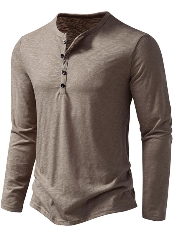 Men's Button Front Round Neck Henry Tee, Regular Fit Solid Long Sleeve T-shirt for Daily Wear, Casual Soft Comfy Top for All Seasons, Fall Clothes 2024