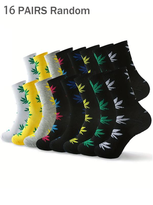 Men's Tropical Leaf Print Crew Socks, Casual Comfortable Breathable Mid-calf Socks for Daily Outdoor Wear, Socks for Men, Mixed Color Socks for Men, Menswear, Gifts for Boyfriend