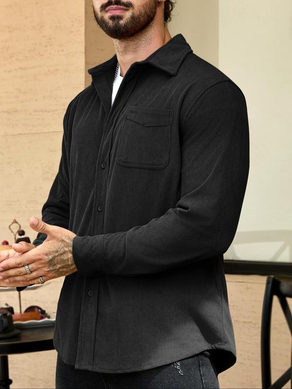 Men's Solid Button Front Pocket Shirt, Loose Casual Long Sleeve Collared Top for Fall & Winter, Men's Clothes for Daily Wear