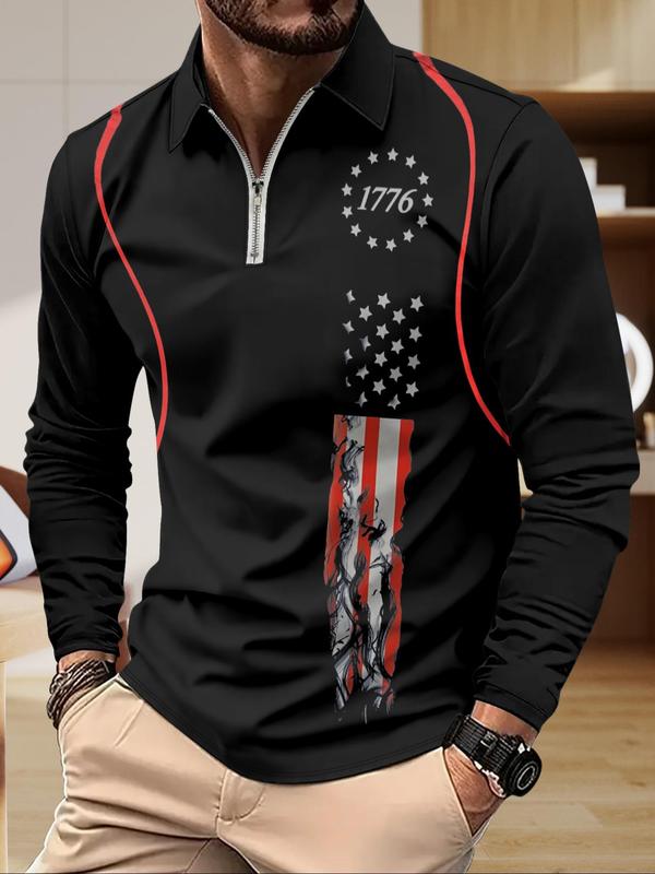 Men's American Flag Print Zipper Raglan Sleeve Polo Shirt, Regular Fit Casual Long Sleeve Polo Collared Top for Daily Outdoor Wear, Fashion Men's Clothes for All Seasons