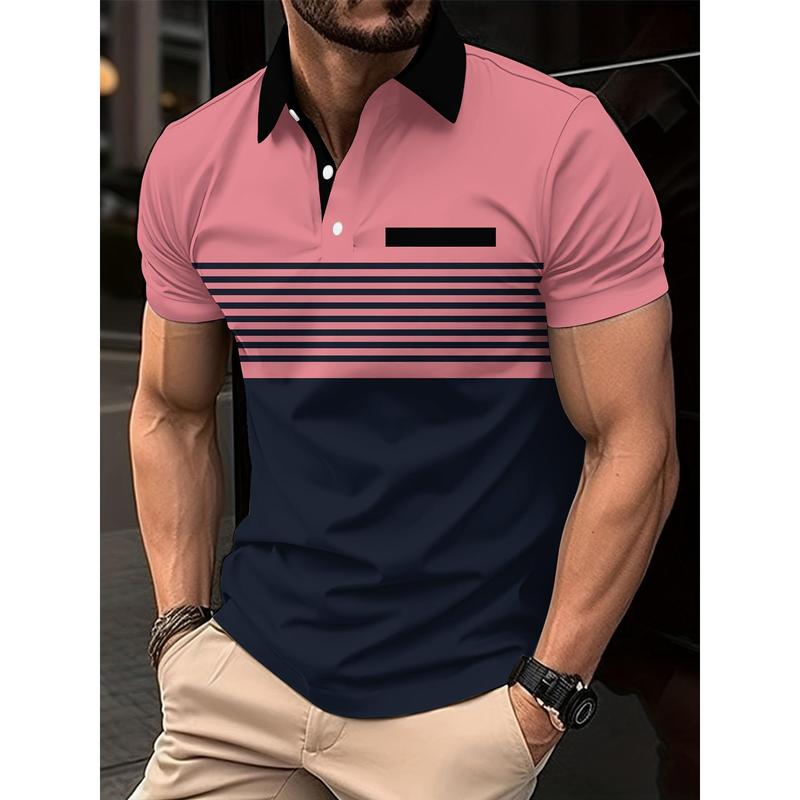 Men's shirtMen's Casual Striped Short Sleeve Lapel Shirt, Chic Sports Top For Summer Outdoor Activities