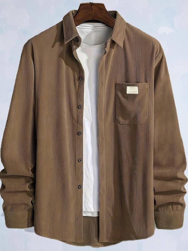 Men's Plain Letter Patched Corduroy Jacket without Tee, Casual Button Front Pocket Winter Jacket for Fall & Winter, Men's Clothing, Men's Streetwear Tops for Daily Wear, Fall Outfits, Fallfreshness, Fall Clothes