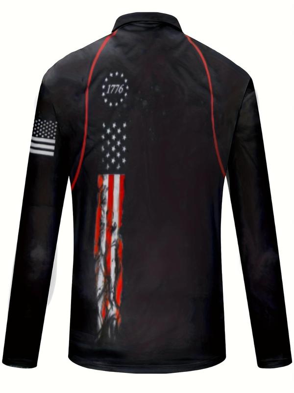 Men's American Flag Print Zipper Raglan Sleeve Polo Shirt, Regular Fit Casual Long Sleeve Polo Collared Top for Daily Outdoor Wear, Fashion Men's Clothes for All Seasons